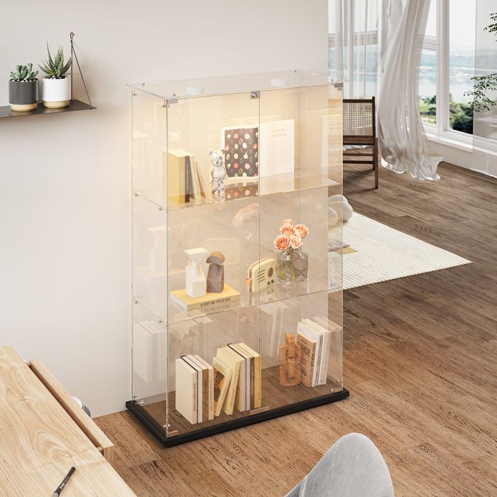 Vitrine en verre trempé noir meuble de collection transparent avec 2 porte et 3 niveaux et lampe toucher，pour salle à manger salon