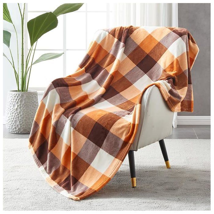 Couverture polaire en flanelle extra douce plaid toutes saisons en flanelle à carreaux orange 150 x 200 cm décoration