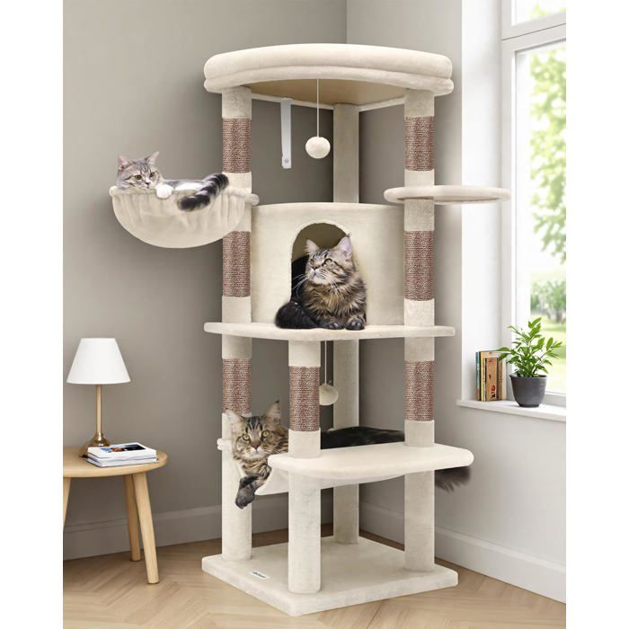 Comparer les prix de Arbre chat coin 130cm grandes plateformes niches hamac panier beige marron structure stable repos jeu grattage 2-4 chats adulte