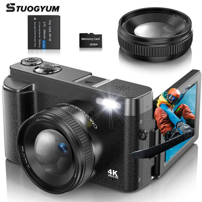 Appareil Photo Numérique 4K 48MP - Caméra Vlogging Selfie Avec Écran 180° Rabattable, Autofocus, Zoom 16x, Flash, Idéal Débutants Et Adolescents