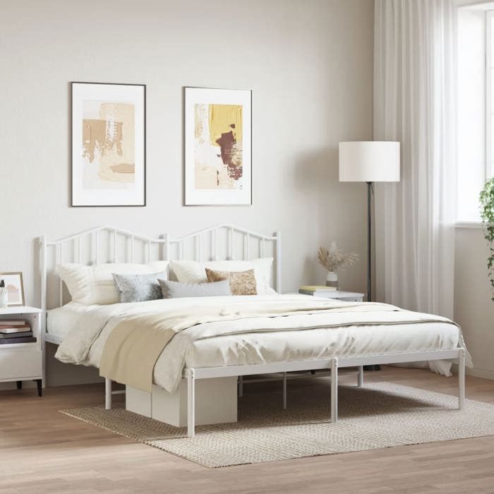 Cadre de lit métal - vidaXL - 160x200 cm - Blanc - Acier enduit de poudre - Espace de rangement - Tête de lit