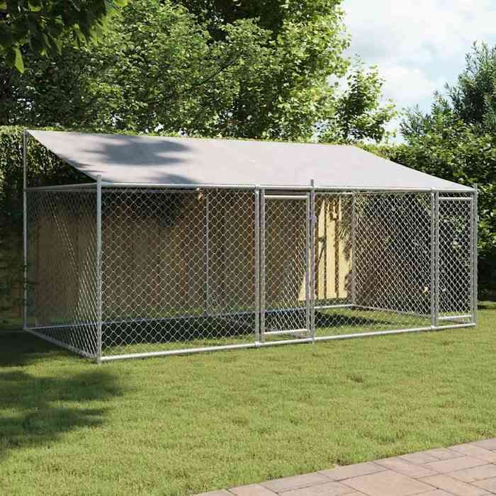 Cage pour chien - BURKE - 4x2x2 m - Gris - Acier galvanisé - Toit imperméable - Portes verrouillables