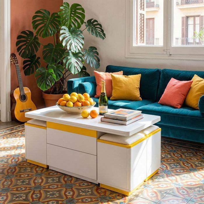 Table Basse Relevable - 4 Poufs Rangement Inclus - Plateau Pliant - Moderne - Blanc et Jaune