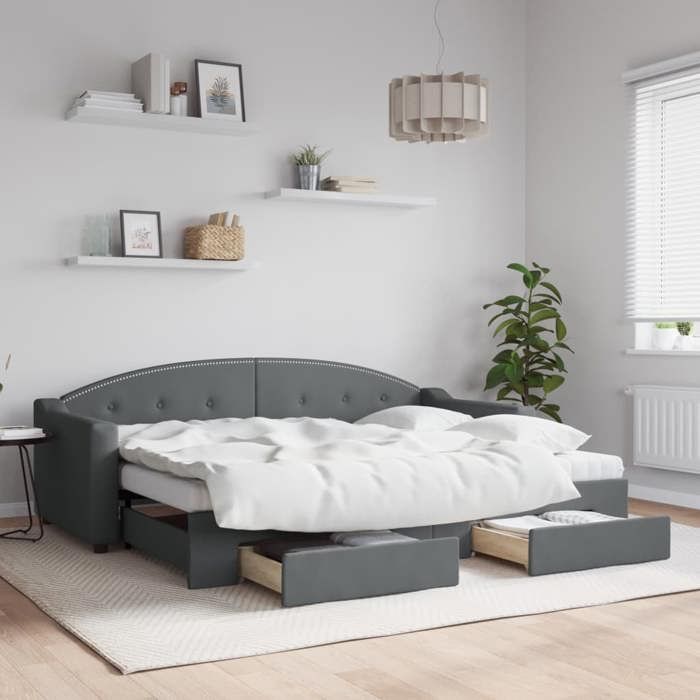Lit de jour avec gigogne - vidaXL - Gris foncé - 80x200 cm - Tissu polyester - Bois massif - Métal - 2 matelas en mousse