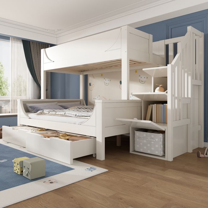 Lit superposé 90x200 cm+140x200 cm avec armoire-échelle et tiroirs Lit enfant avec barrières de sécurité et sommier à lattes Blanc