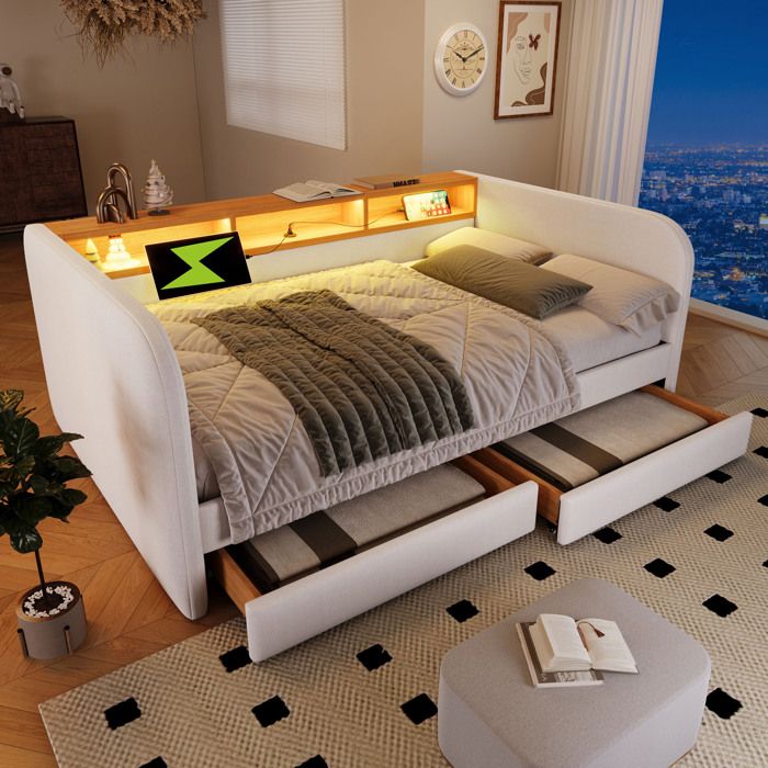 Canapé-lit capitonné 140x190 cm - LEMONBEST - Lin Beige - LED intégrée - 2 tiroirs - USB/USB-C