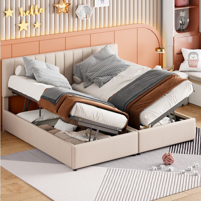 Lit évolutif 180×200 cm rangement hydraulique tête réglable et convertible 2-en-1 - BEAUNIV - sans matelas beige