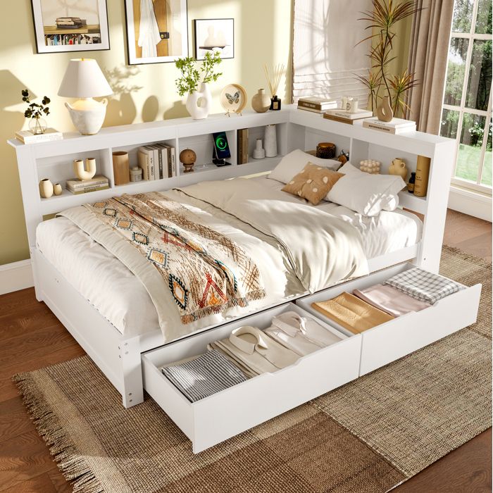 Banquette-lit blanche avec rangements latéraux 2 tiroirs et ports USB