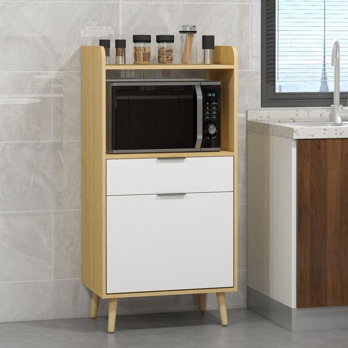 MOTHINESSTO1627-Meuble desserte de cuisine pour micro-ondes avec placard tiroir étagère réglable 58 x 40 x 118 cm naturel et blanc