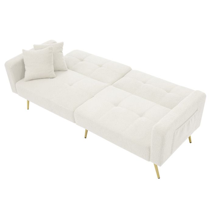 VLIVRA Canapé convertible 2 places avec dossier réglable 105°/138°/180° poches latérales coussin sherpa blanc 175×64×72 cm