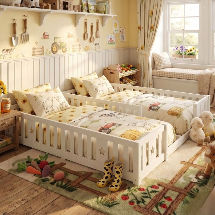Lit Enfant 180x200cm - avec Sommier à Lattes - Barrière de Sécurité - Lit Double Gain de Place - Blanc