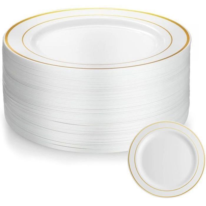 50 Pièces Assiette 19cm Assiette Plastique Reutilisable Avec Bordure Dorée Assiettes en Plastique Blanc Assiettes pour Ma VoltPulse