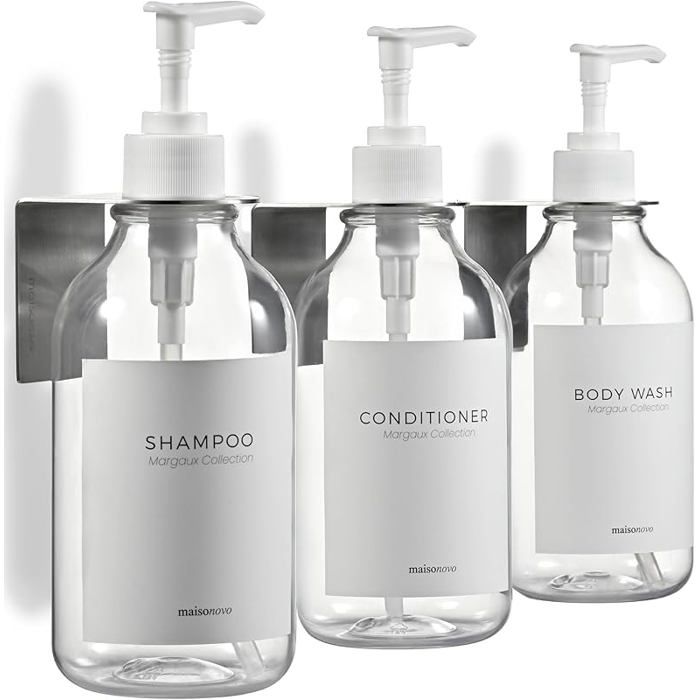 Lot de 3 distributeurs muraux sans perçage 500 ml transparents pour shampoing et gel douche pompes transparentes