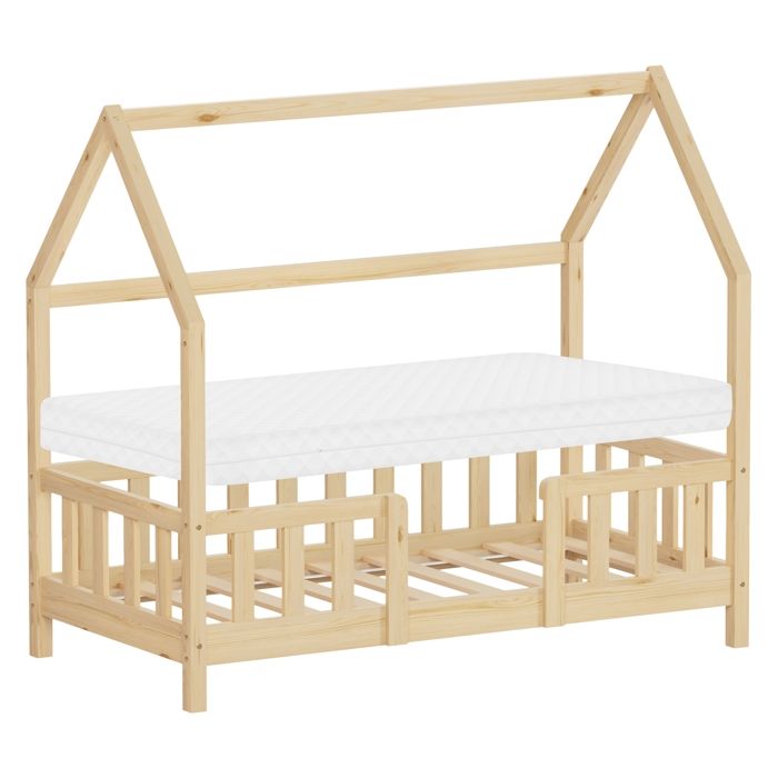Lit cabane enfant simple ML-Design 70x140 cm bois beige avec matelas antichute et sommier inclus Lit cabane enfant simple ML-Design 70x140 cm bois beige avec matelas antichute et sommier inclus