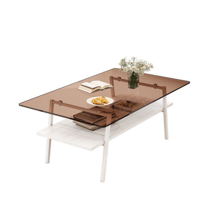 Table de salon rectangulaire en verre trempé pieds métal robustes bicolore blanc/brun H42 5 x L98 x P58 cm