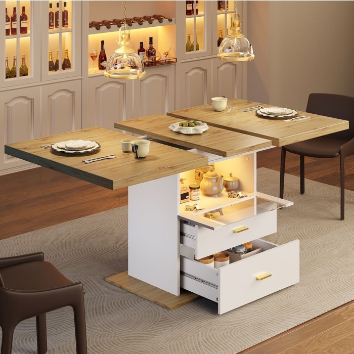 Table à manger extensible 110-140 x 80 x 75 cm avec LED rangement 2 tiroirs MDF aspect bois blanc