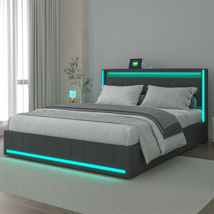 Lit double en lin avec éclairage LED et chargeur USB Type-C - 180x200cm - Cadre de lit moderne avec 4 tiroirs - Gris foncé
