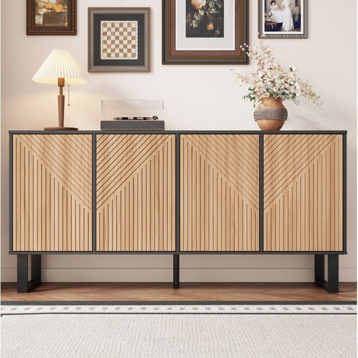Meuble TV buffet bas moderne style minimaliste noir aspect bois portes rainurées grand rangement cadre métal 160 cm ORVRYN