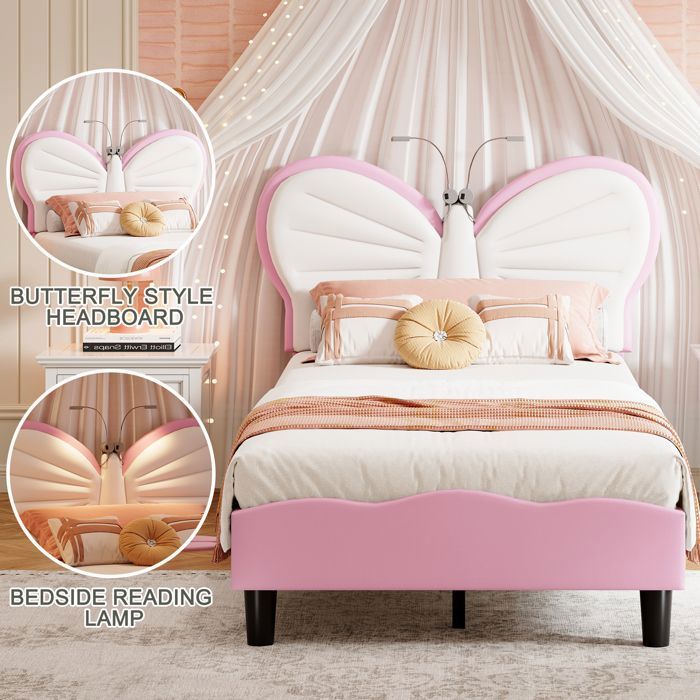Lit Enfant 90x190 cm Rembourré Lit Princesse pour Fille avec Tête de Lit Papillon Velours et PU Rose Sans Matelas