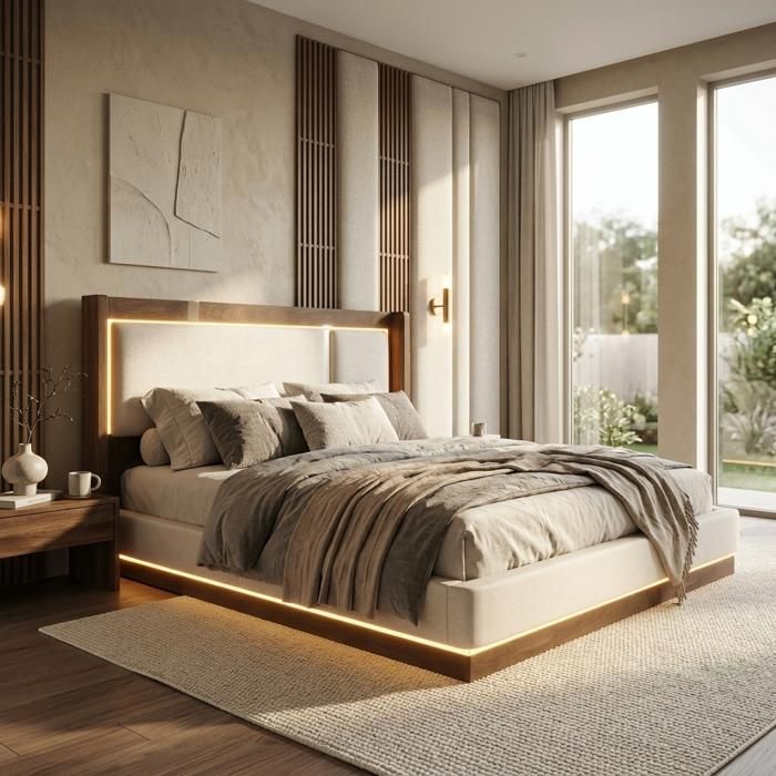 Lit coffre double 140x200 cm-LED multicolore-coffre hydraulique-sommier à lattes-lin beige/placage noyer foncé-sans matelas