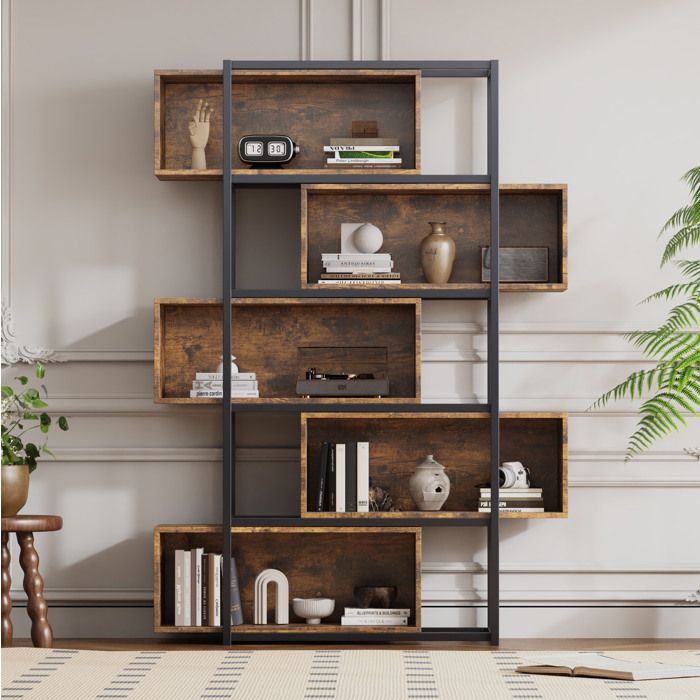 WOVREO Bibliothèque 5 étagères en MDF aspect bois structure métallique noire style industriel vintage