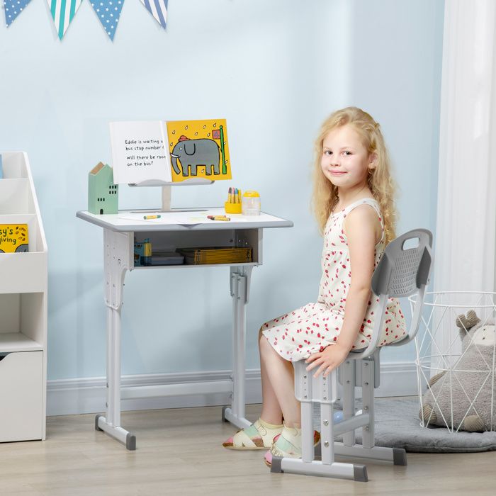 Bureau décole avec chaise réglable en hauteur et lampe enfants 6-12 ans acier et MDF gris