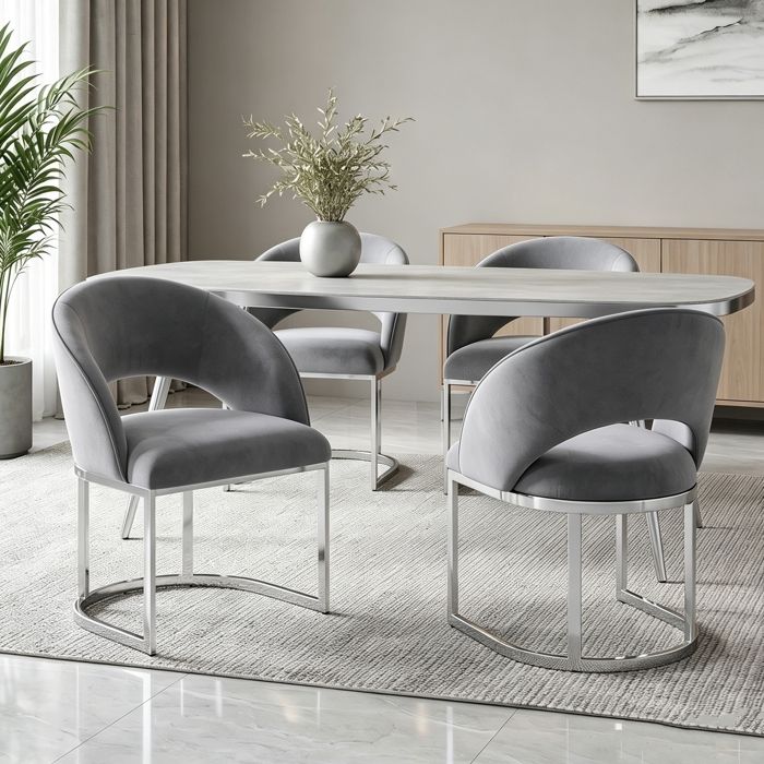 Lot de 4 Chaises de Salle à Manger Modernes Chaises de Cuisine Rembourrés Pieds de Chaise Plaqués Argent Tissu Velours Gris+Argent