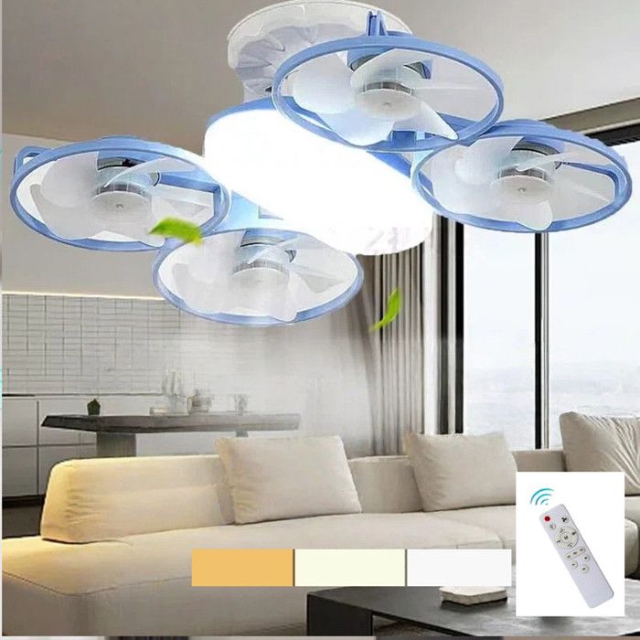 Ventilateur de Plafond avec Lumiere et Telecommande LED Lampe Ventilateur Plafond Dimmable E27 Lampe Intégrée 3 Vitesses Bleu