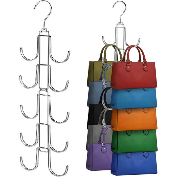 Organisateur de sacs pour placard cintre rotatif pliable 10 crochets porte-sacs métal gain de place