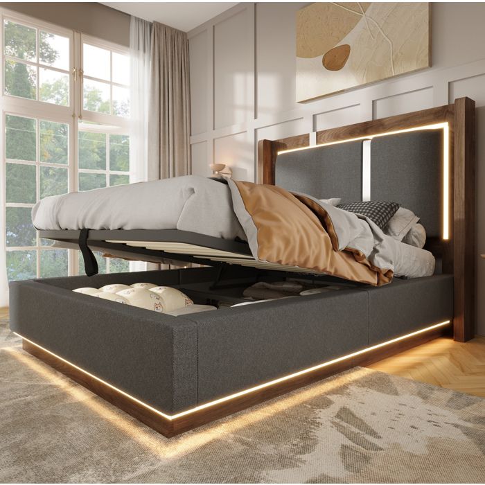 Lit coffre enfant 1 place 90×200 cm avec LED ouverture hydraulique et rangement sans matelas - UVRION