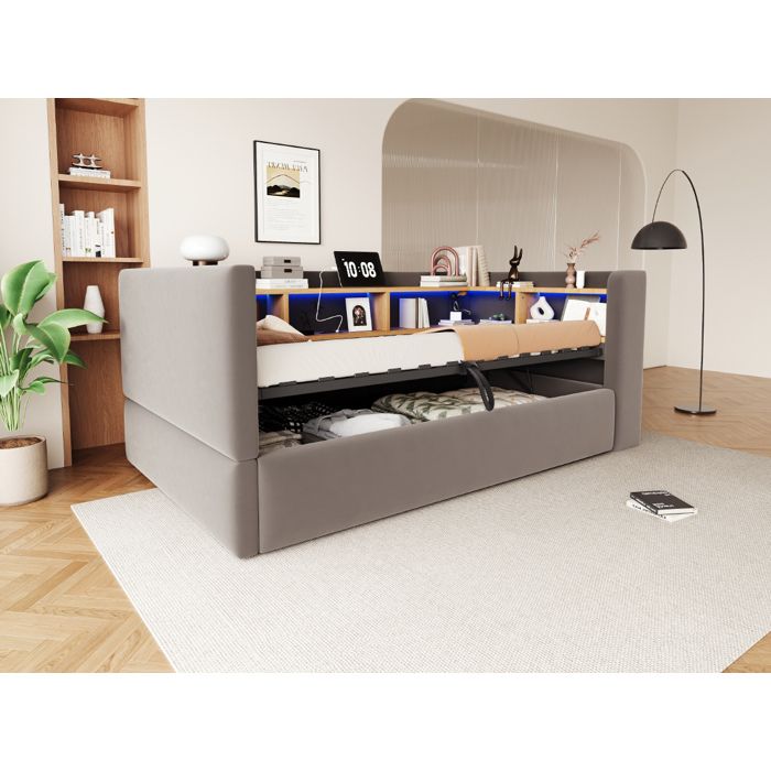 VUENOR Lit banquette 90 x 190 cm gris foncé – rangement hydraulique sans matelas