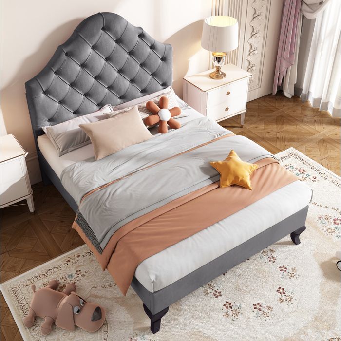 Lit simple 1 Place 90×200 cm Tête Réglable et Lattes en Bois - LPOSPI - sans matelas Velours - Gris