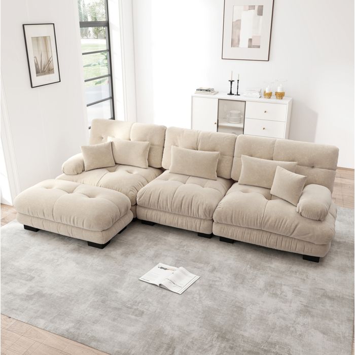 Canapé modulable dangle 3 places grand format avec ottoman et look nuage - HAVRYA - tissu chenille beige