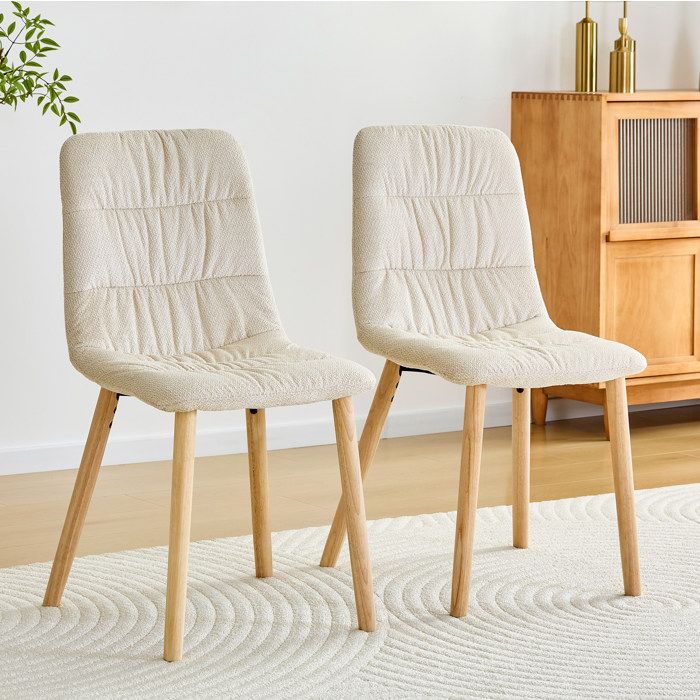 Lot de 2 chaises de salle à manger en tissu blanc avec pieds en bois style scandinave