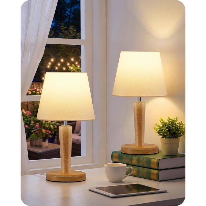 Lot de 2 lampes de chevet en bois abat-jour blanc 12 cm 3 températures fonction mémoire ampoule LED E27 incluse