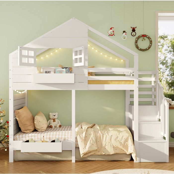 Lit mezzanine enfant 2 places 90×200 cm avec escalier de rangement et fenêtre - BEAUNIV - sommier inclus sans matelas bois blanc