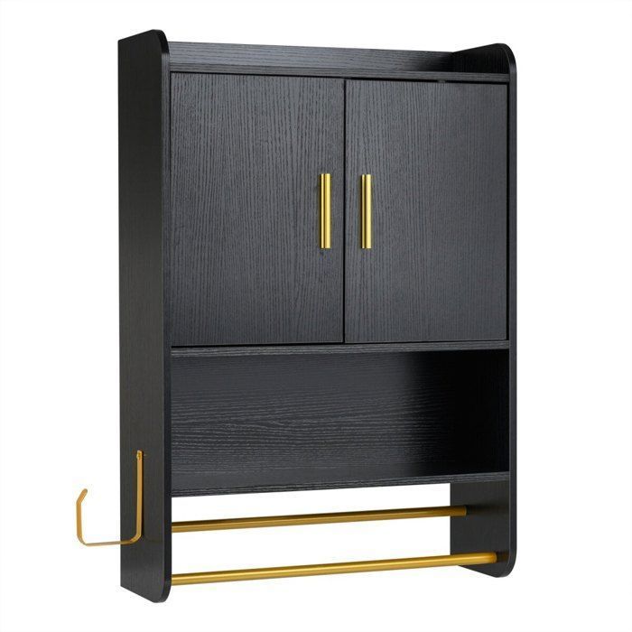 2 portes et compartiment ouvert armoire murale salle de bain avec étagère réglable gain de place noire