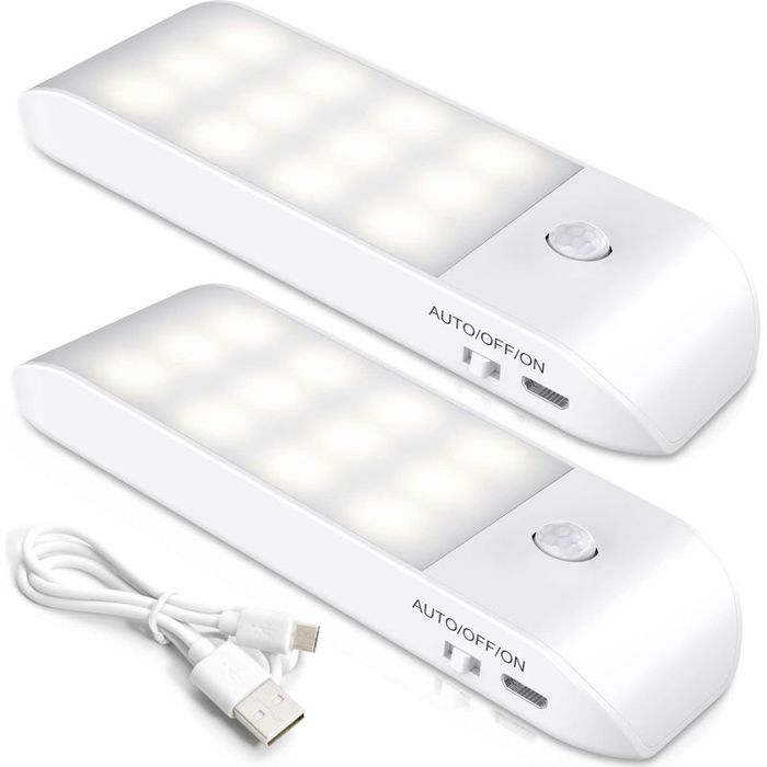 Lot 2 Veilleuses LED Rechargeables Détecteur Mouvement Magnétique 12 LED - Placard Couloir