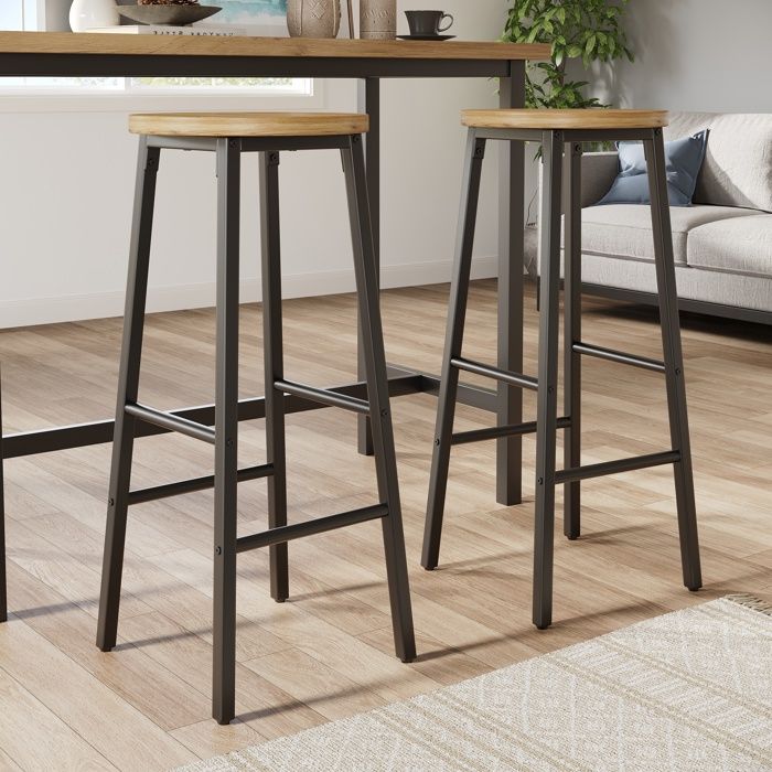 Tabouret de bar - ZEVKOR - Effet Bois 70 cm - Lot de 2 - Assise ronde MDF - Pieds métal réglables