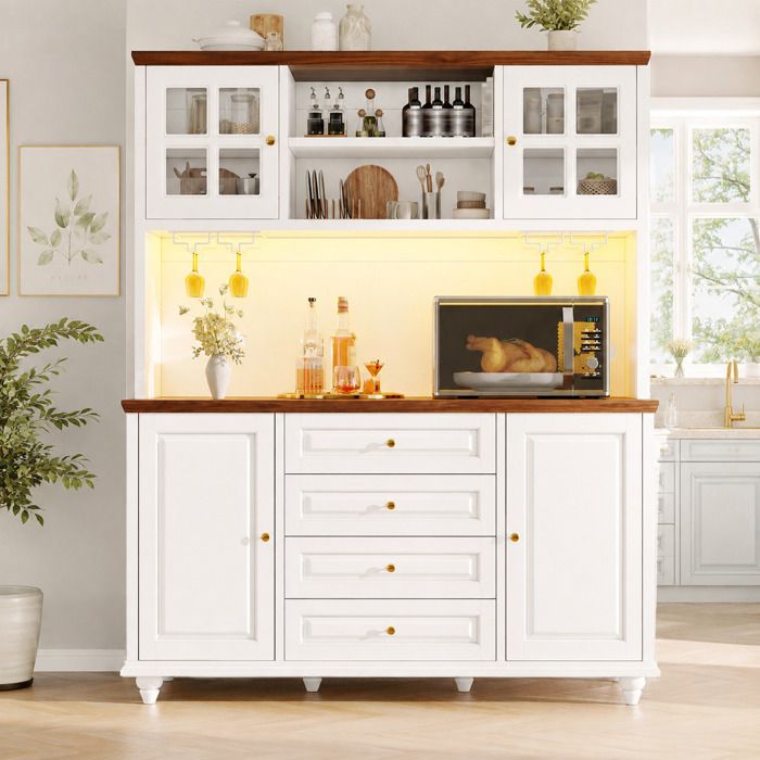 Ulsam Buffet de Cuisine Haut avec 4 Portes 4 Tiroirs Étagères Réglables et LED RGB - MDF Blanc 140×40×179 5 cm