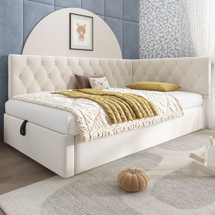 Lit canapé rembourré 90x190cm avec sommier à lattes bois hydraulique coffre rangement velours beige pour enfant