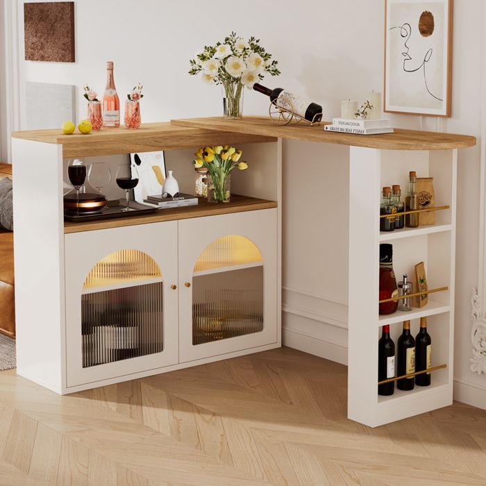 Table de bar extensible 138-193x39x105 cm avec LED réglable rangement 3 niveaux plateau pivotant 360° façade vitrée MDF blanc