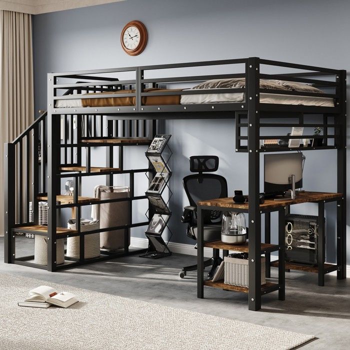 Lit mezzanine en métal noir - BLACKCOLOR - 120x200 cm - Bureau intégré - Étagère de rangement