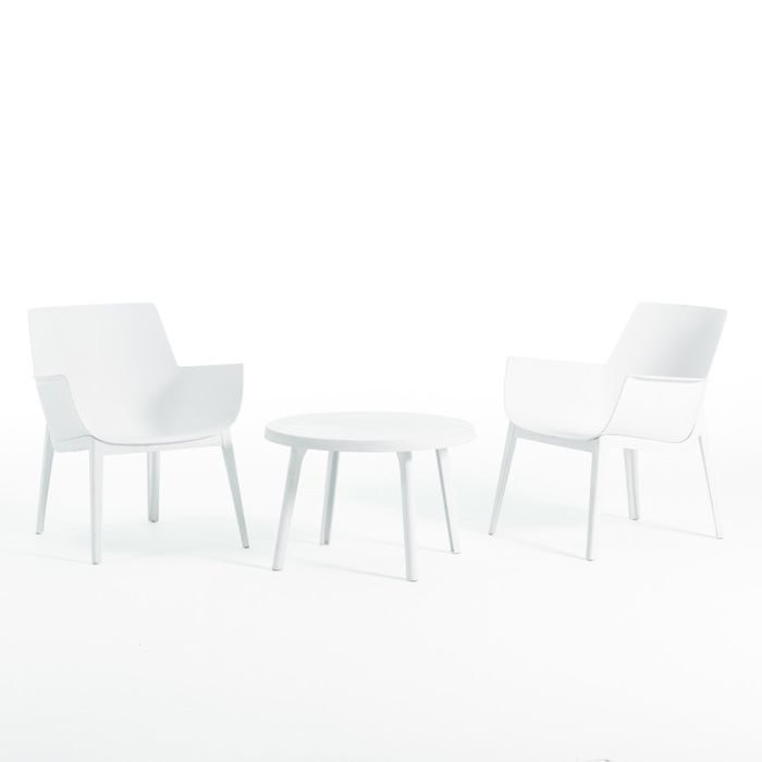 Lot de 2 Fauteuils Ergonomiques BETTY en Polypropylène Renforcé avec Table Basse Jardin Terrasse ou Balcon (Blanc)