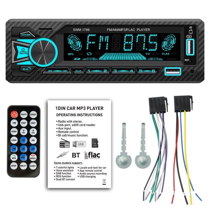 Autoradio Stéréo 1 Din Avec Bluetooth Mains Libres, Lecteur Mp3 Autoradio 12V Avec Interface Iso
