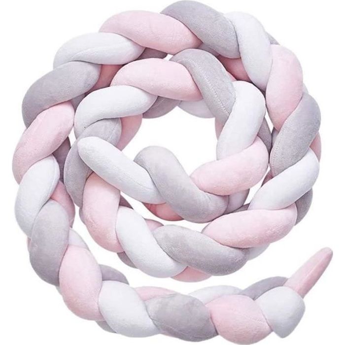 3M Tour de Lit Coussin Serpent Coussin Tressé Pare-chocs Velours Protection Bébé (Gris blanc rose)