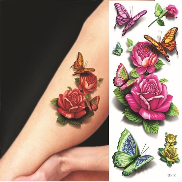 A Bonjouree 3D Tatouages éphémères Faux de Fleur et Papillon Imperméable 