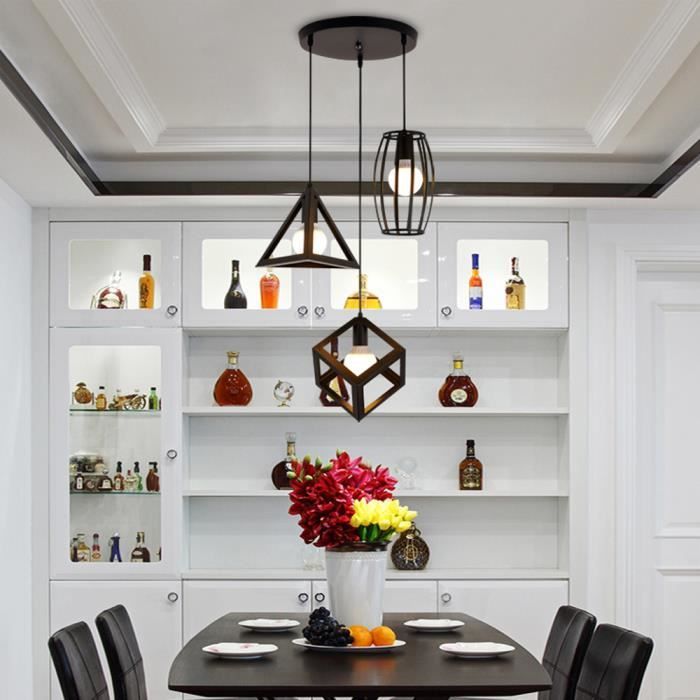 Lustre Suspension Industrielle Fer Luminaire 3 Lampes E27 Cuisine Salon