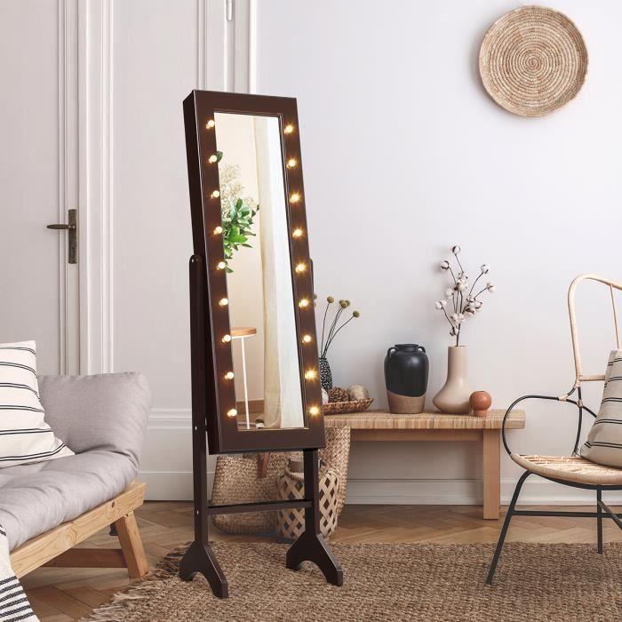 COSTWAY Armoire à Bijoux sur Pied avec 18 LED Angle Réglable Doublure en Velours Doux 35 × 31 5 x 145 CM Marron