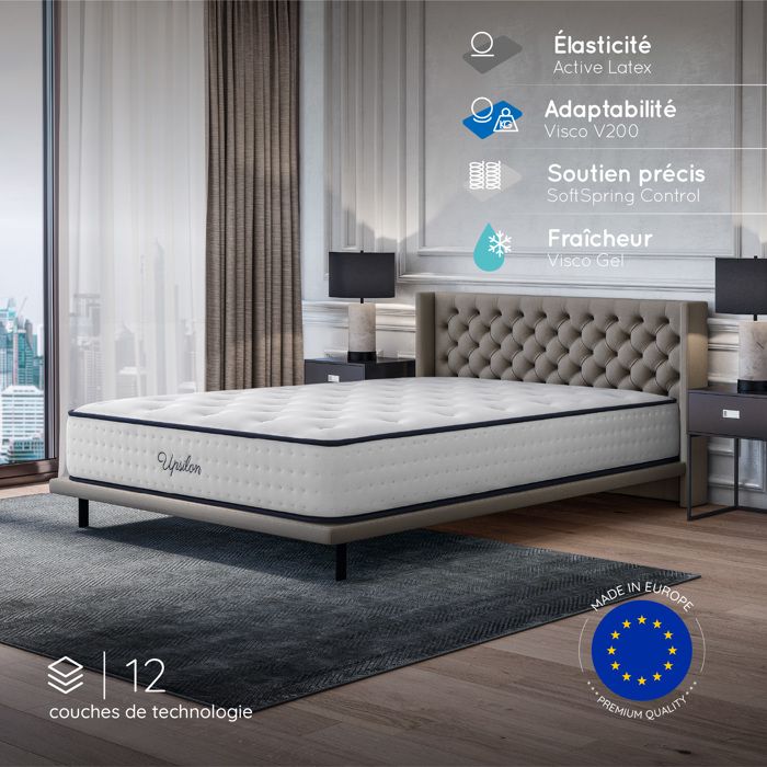 Matelas UPSILON 160x200 cm-Hybride-30 CM-Ressorts Ensachés-Mémoire de Forme-Mousse HR 35 kg-Blue Latex-Confort mi-ferme-Réversible